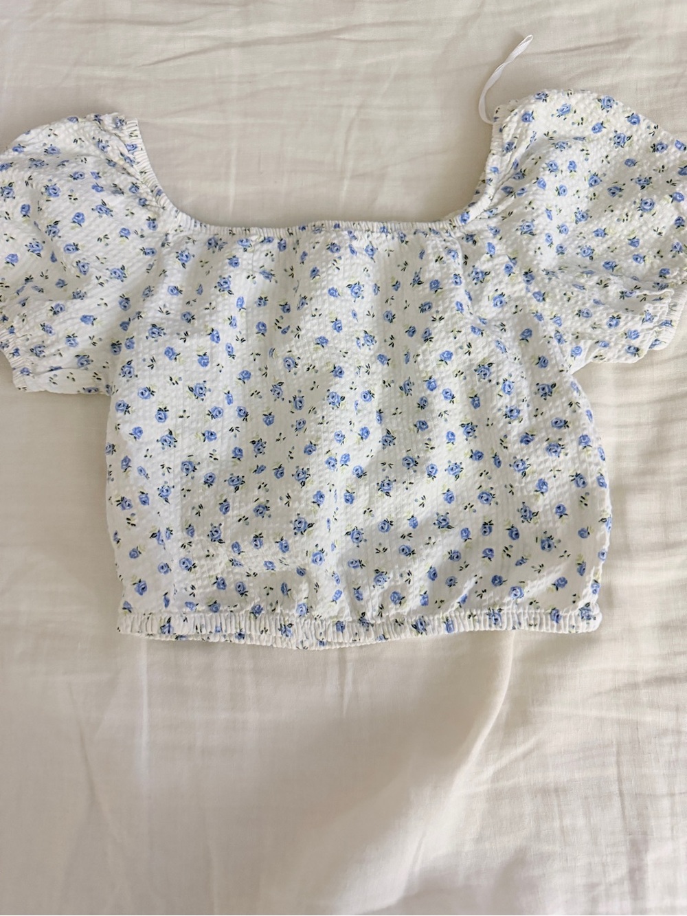 H&M KIDS WHITE Floral Puff-Sleeve Crop Top - Blue Ditsy Print GIRLS